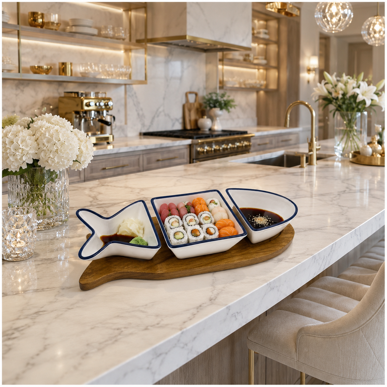 Beautiful Ceramic Fish-Shaped 4-Piece Snack Platter Wooden Acacia Tray