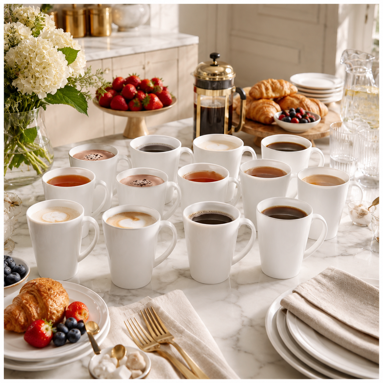 Essential 12-Piece White Fine Porcelain Coffee and Tea Mug Set