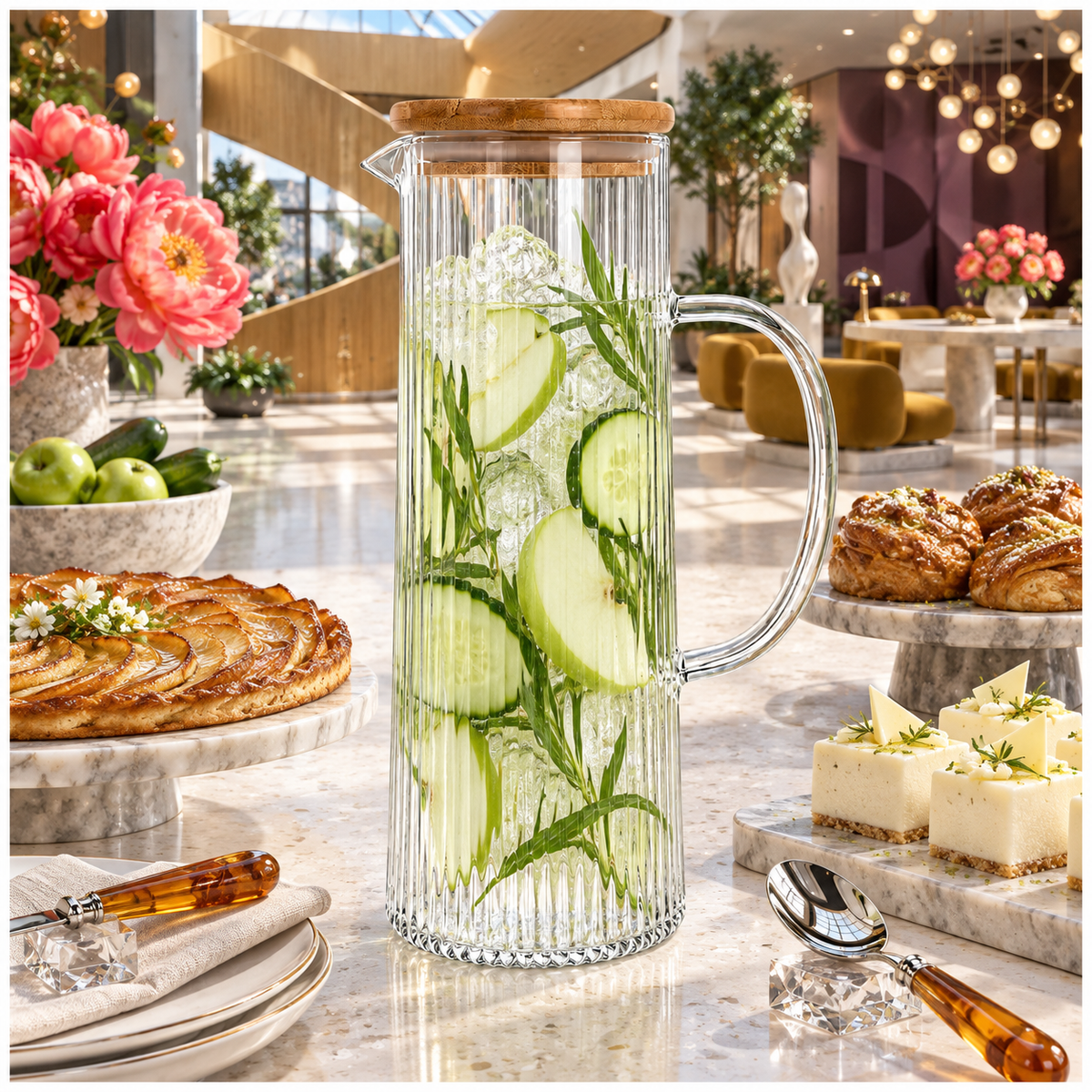 Elegant 1.2L Ribbed Crystal Glass Water Pitcher with Airtight Wooden Lid