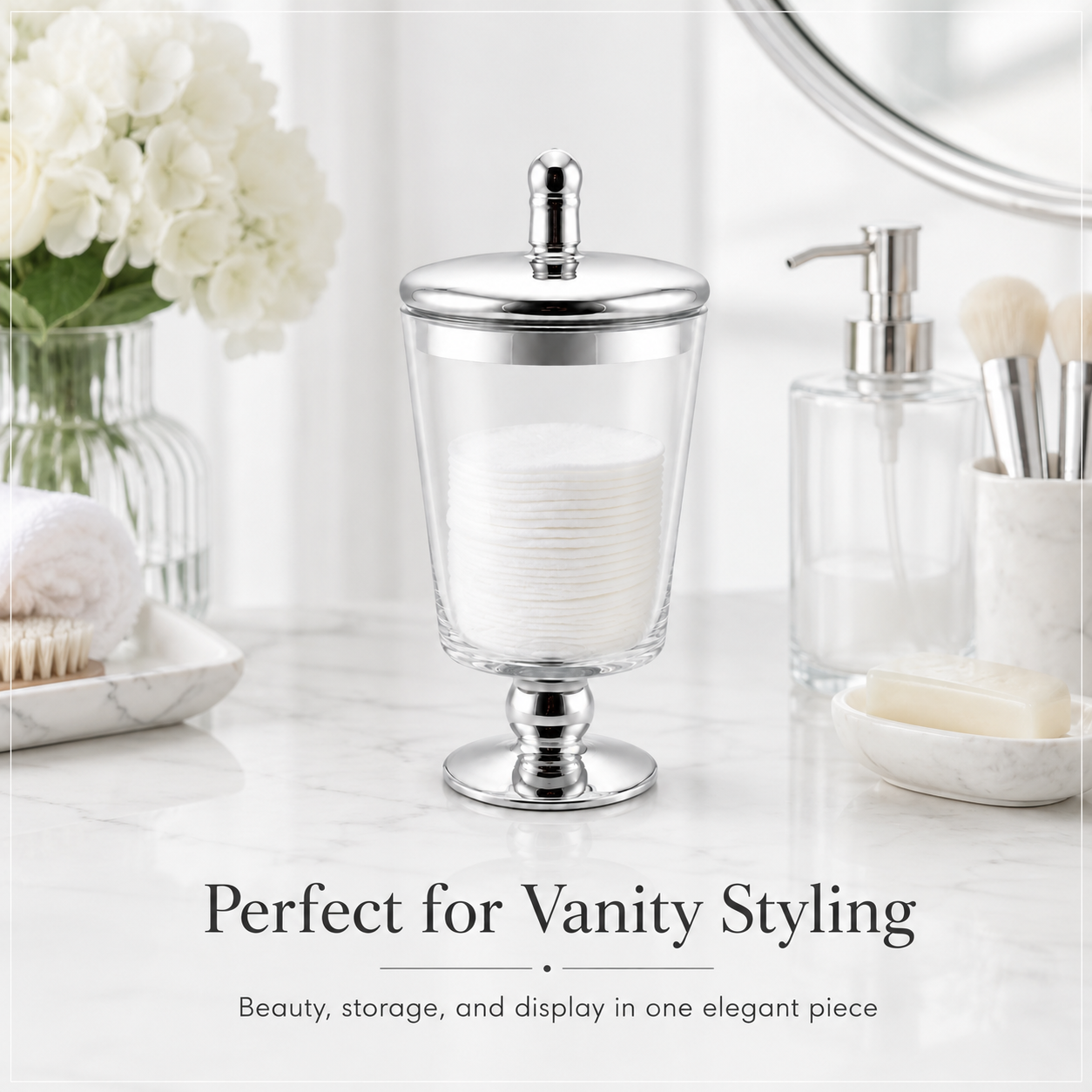 Elegant Decorative Glass Jar with Mirrored Silver Lid and base – 23.5cm