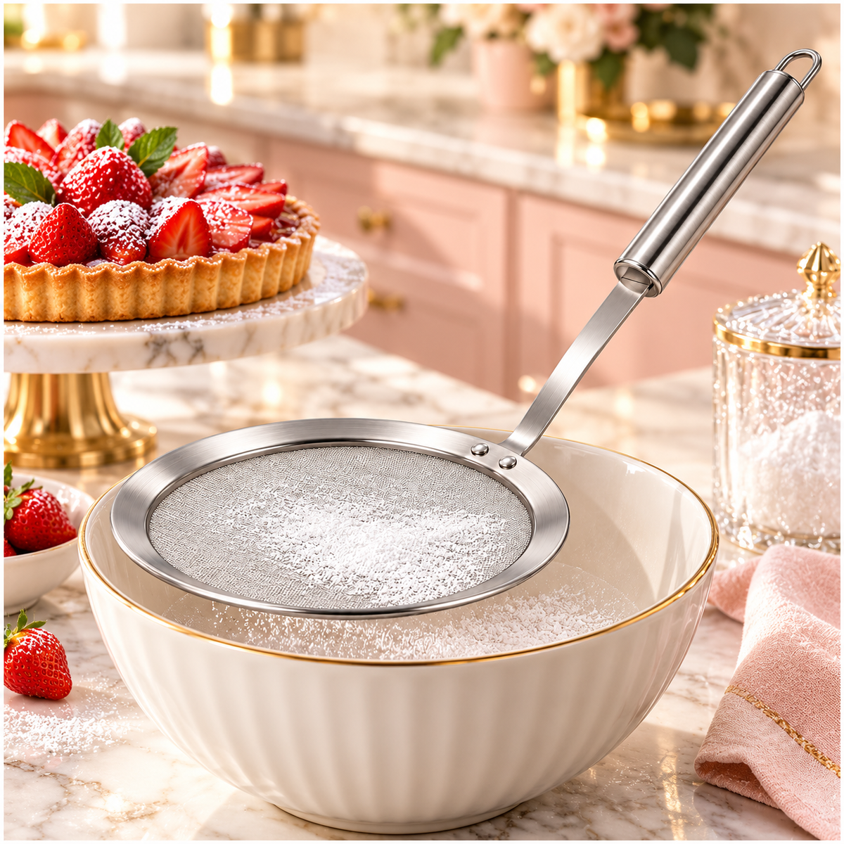 Stainless Steel Fine Mesh Strainer and Skimmer - Long Round Handle Silver