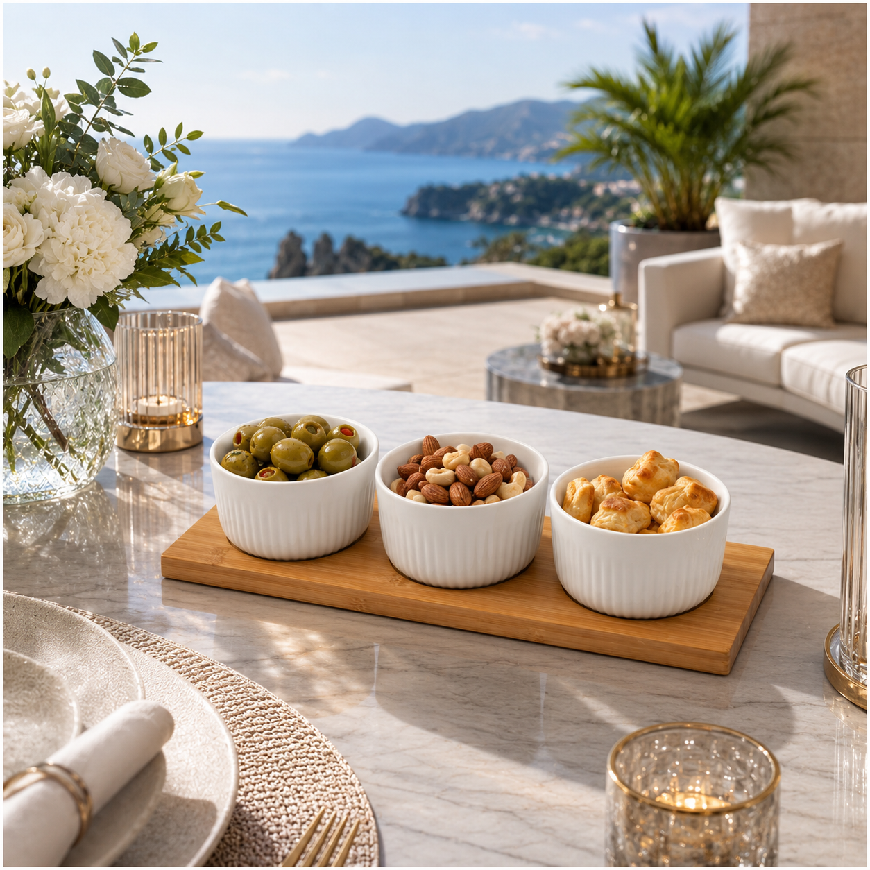 Elegant 4 Piece Bamboo Tray and Ceramic Pastry Bowls -Classic Serveware Set