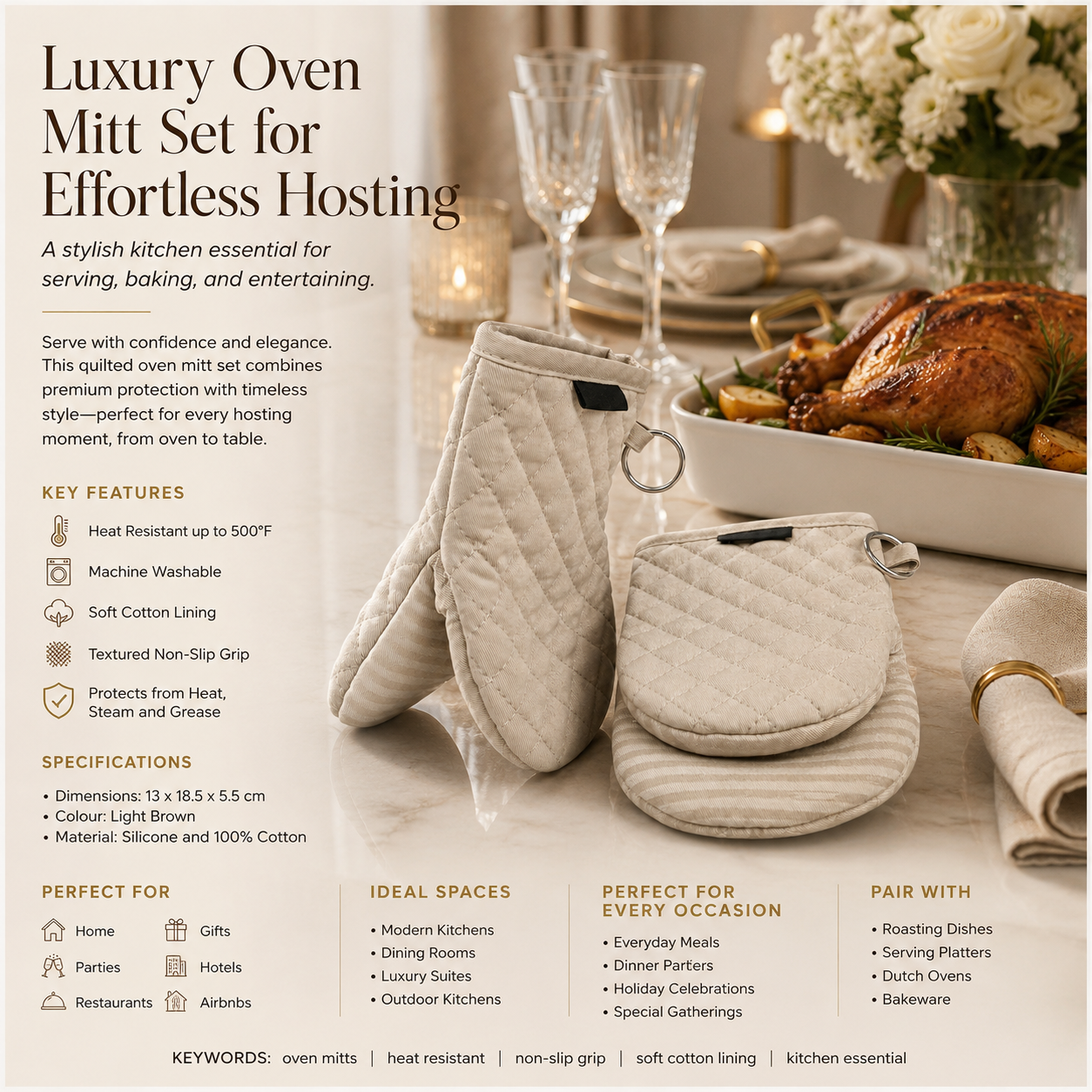 Quilted Compact Oven Mitt Set with Silicone Grip - Olive Brown