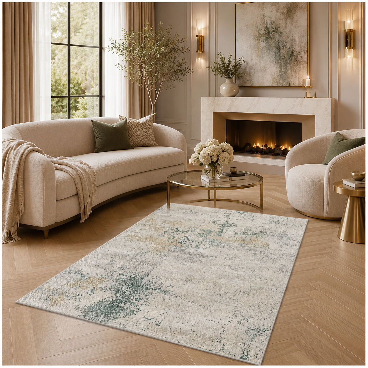 Modern Abstract Area Rug - 180cm x 120cm – Green, Cream Soft Accent Rug