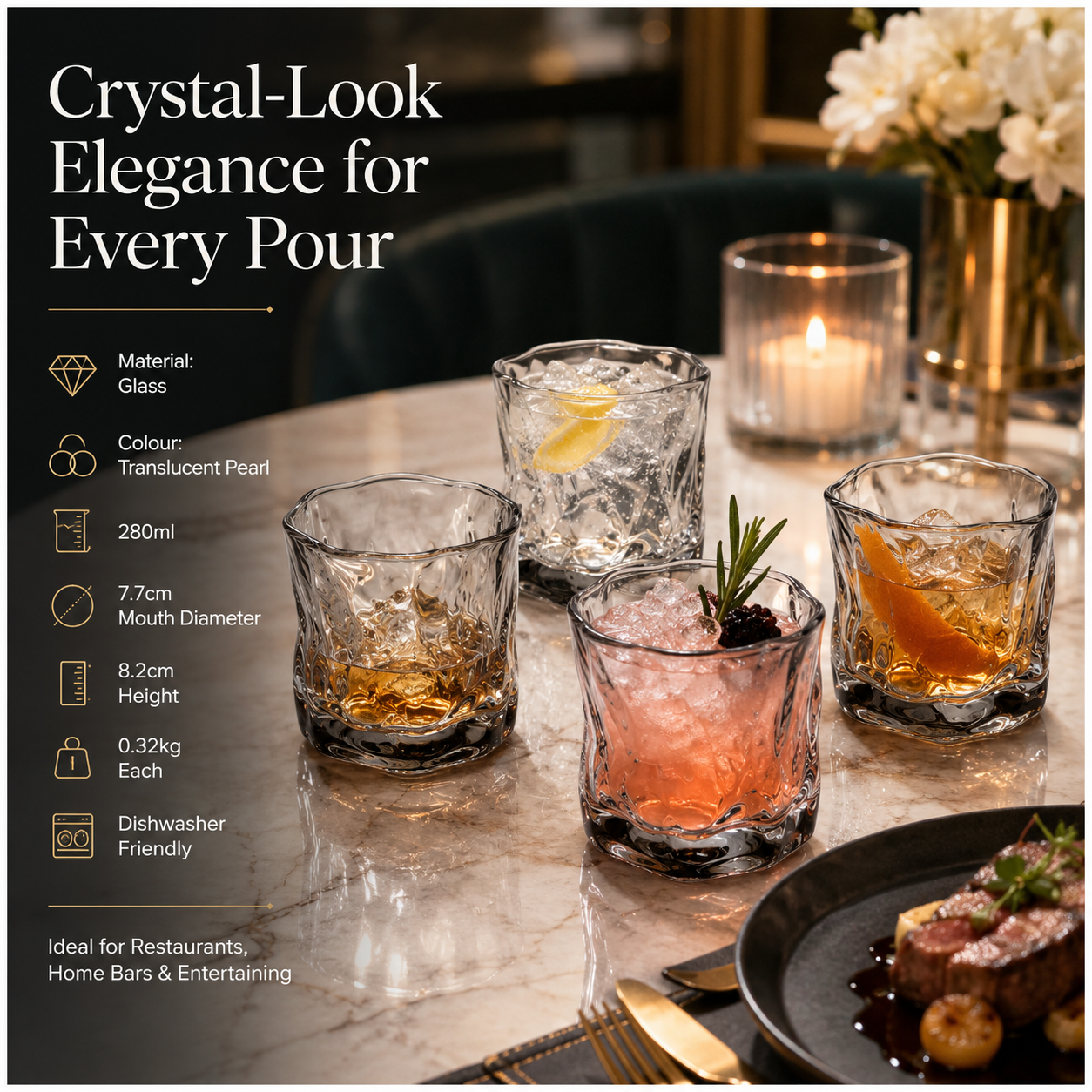 Luxury 4-Piece Translucent Black Crystal-Look Glass Set – 280ml