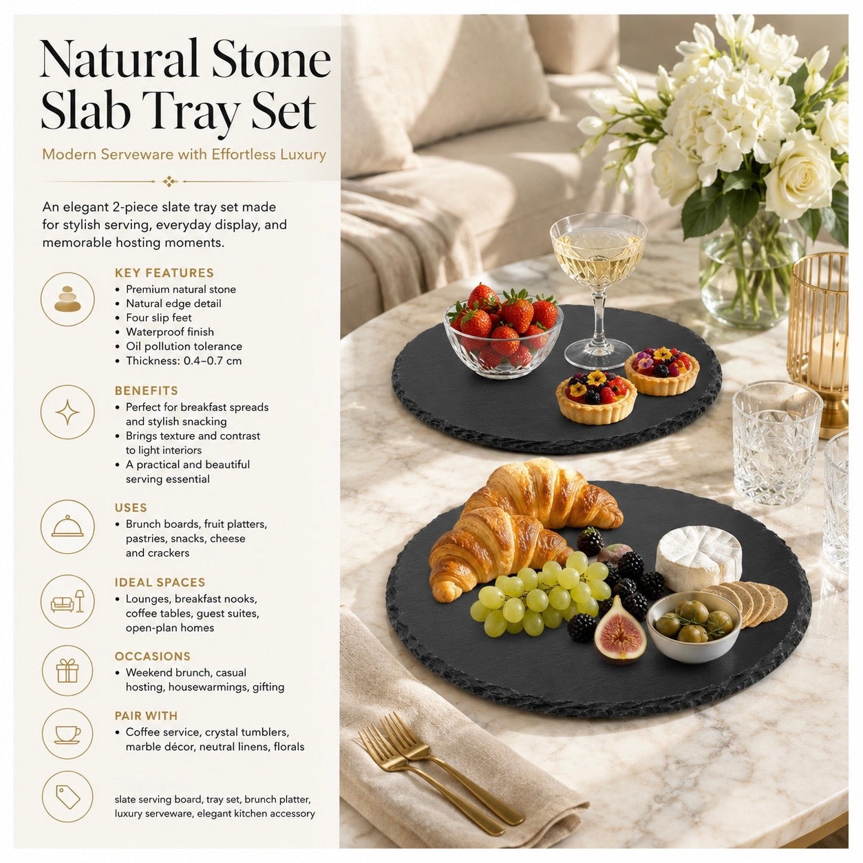 Elegant Natural Stone Slab Tray Set – 2 Piece Serving tray - 30 cm