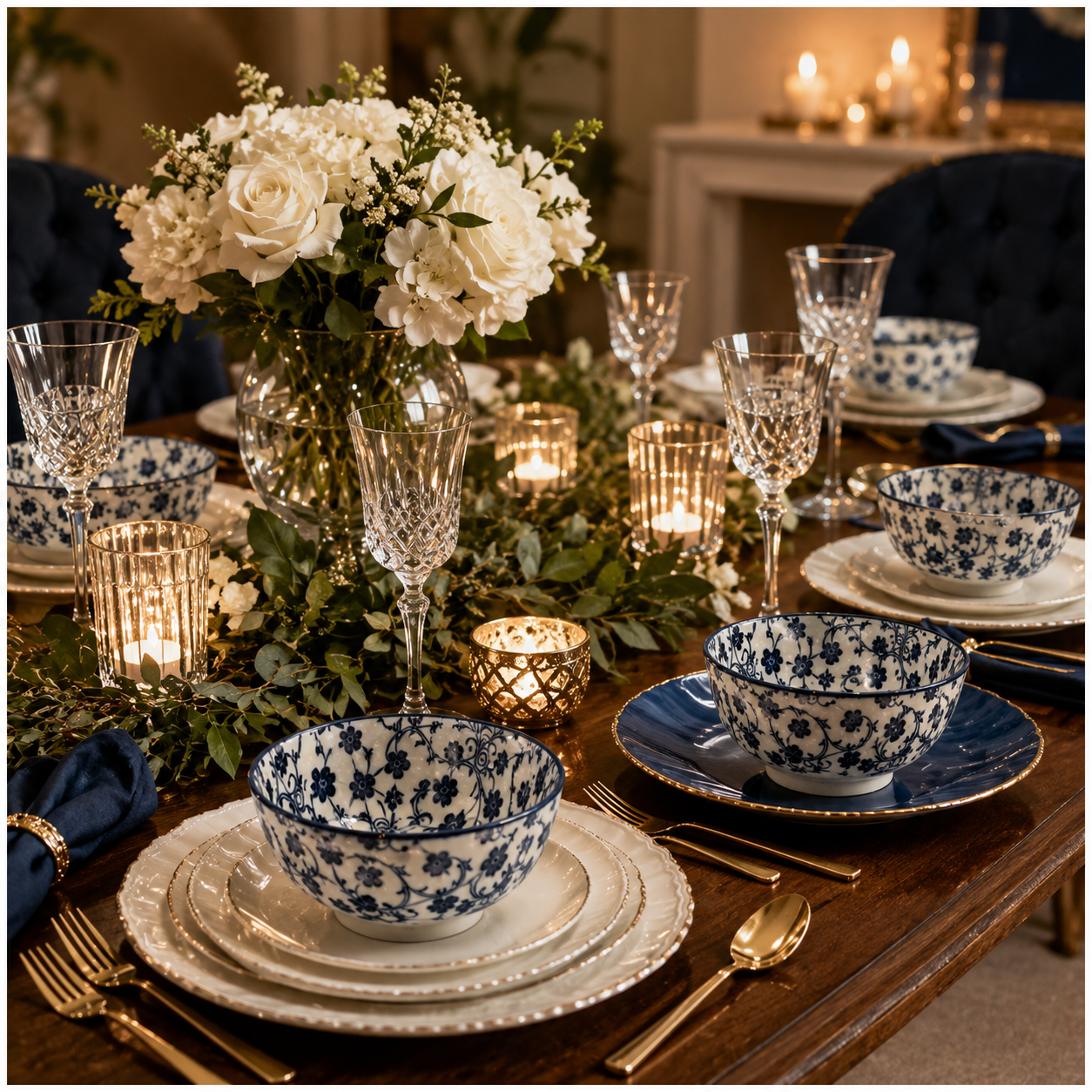 Elegant 10-Piece Blue and White Porcelain Starter Bowl Set