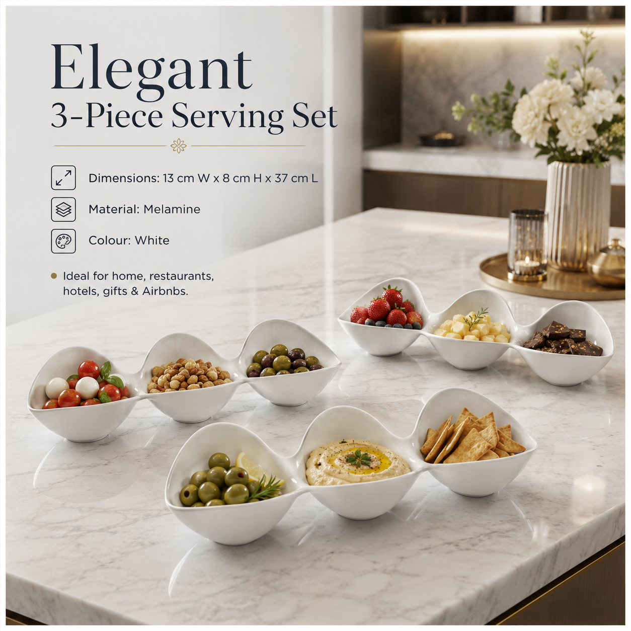3-Piece White Melamine Triple Bowl Serving Set – 3 x 3-Compartment Bowls