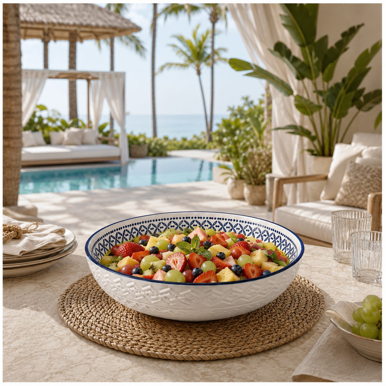 Luxury Large Ceramic Salad Serving Bowl 31cm–Navy and White -Floral Design