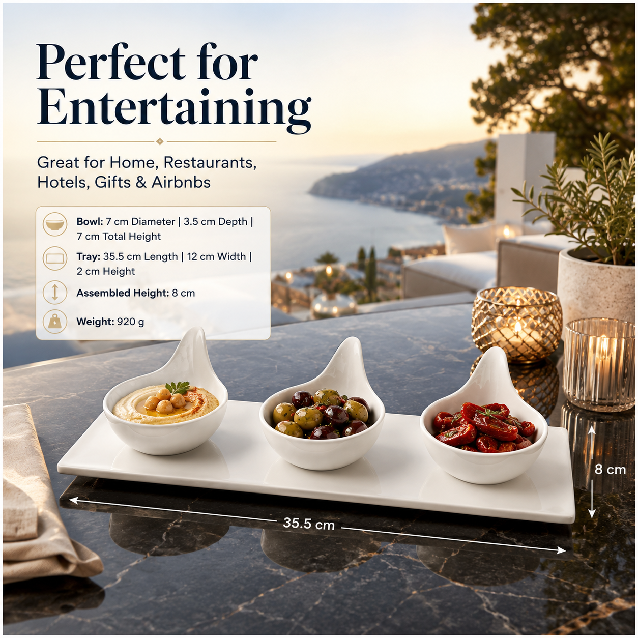 Luxury 3-Piece High Quality Fine Porcelain Serving Bowl and Tray Set- White