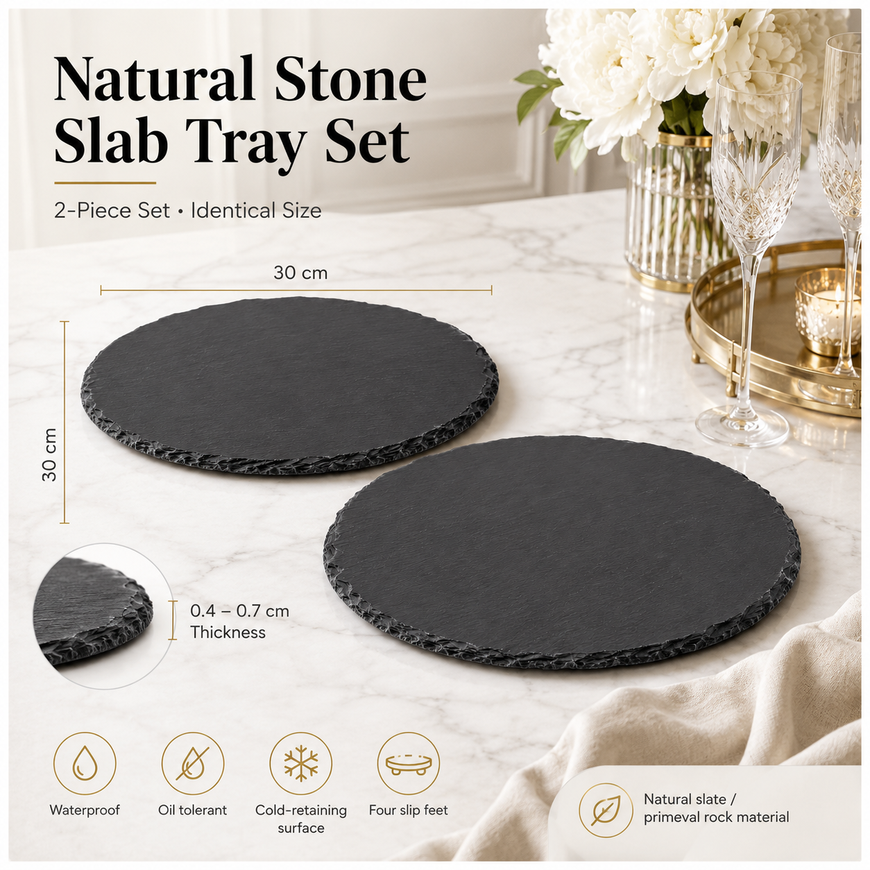 Elegant Natural Stone Slab Tray Set – 2 Piece Serving tray - 30 cm