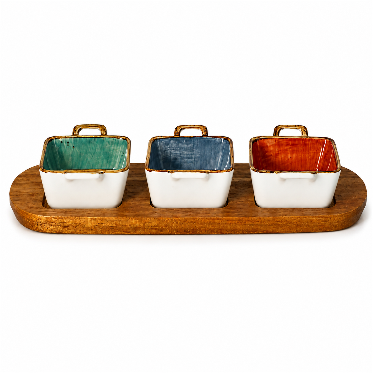 Elegant Ceramic Dessert Bowl Set with Acacia Wood Board - 4 Piece Set