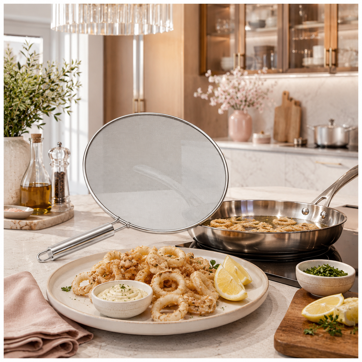 Stainless Steel Splatter Screen with Easy-Grip Handle – 33cm