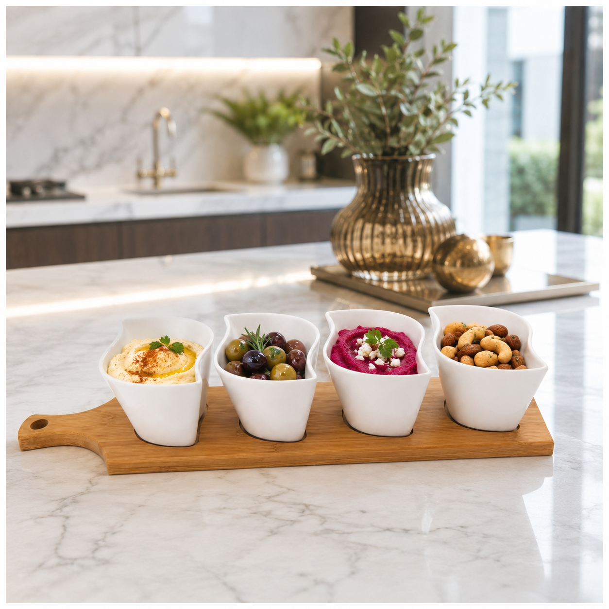 Elegant Ceramic Dipping Bowl Set with Bamboo Serving Paddle Board –