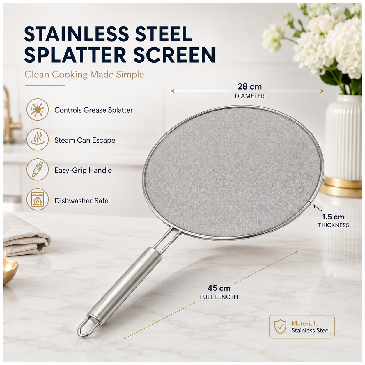 Essential 28cm Stainless Steel Splatter Screen with Easy-Grip Handle