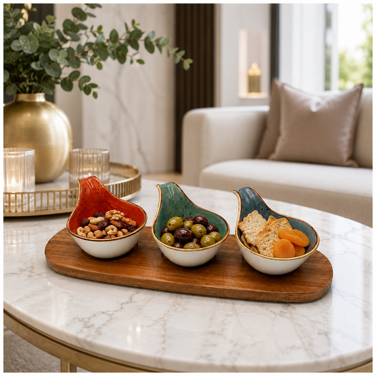 Elegant 3-Piece Ceramic Snack Bowl Set with Acacia Wood Serving Board