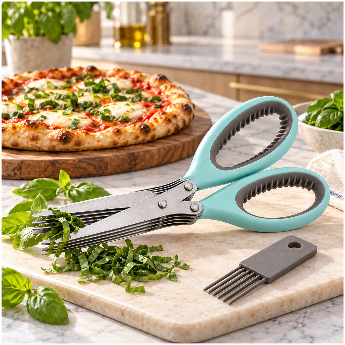Multi-Blade Herb Scissors and Cleaning Comb Set-2 Piece ,Blue and Grey-20cm