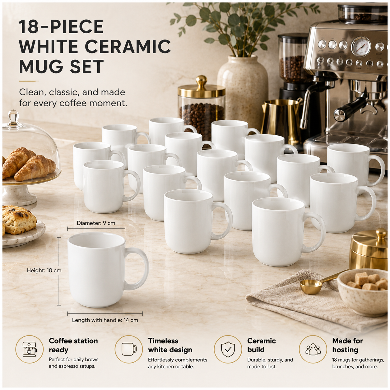Essential 18-Piece White Ceramic Mug Set for Tea, Coffee and Entertaining