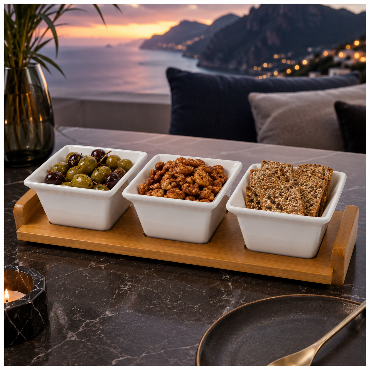 Elegant 4-Piece Ceramic Snack Serving Bowls with Bamboo Tray- 33 x 12 cm