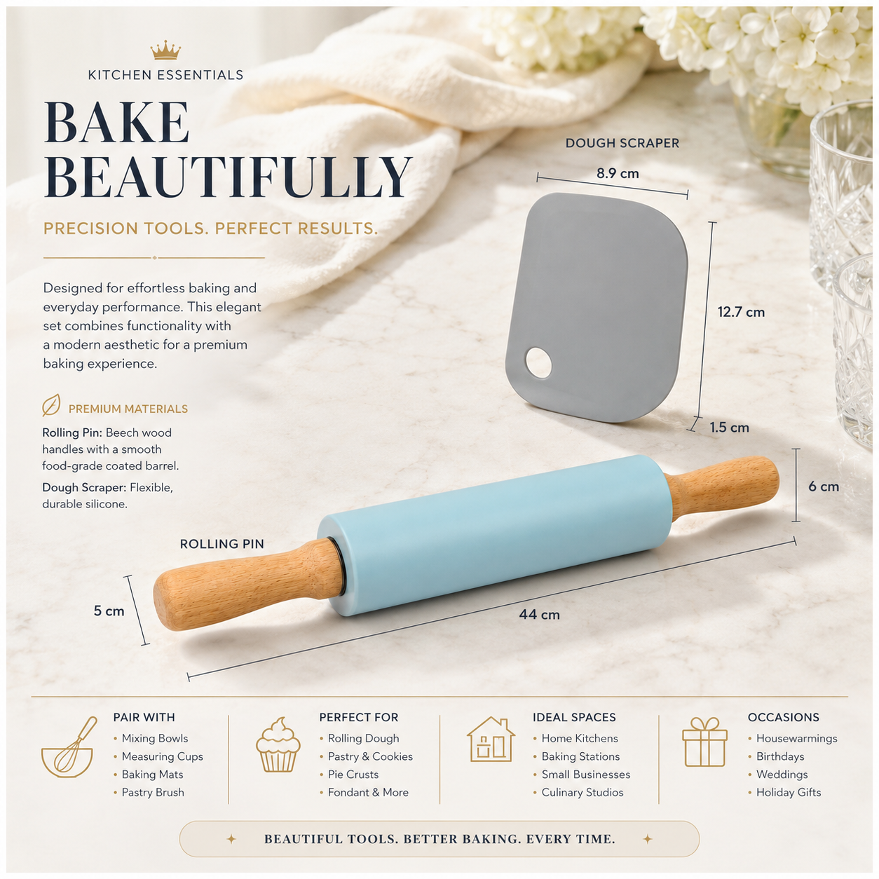 A stylish baking set made for rolling, shaping, lifting and scraping