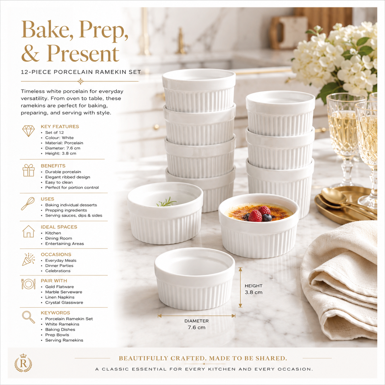 White Porcelain Ramekins Set of 12–Classic Ribbed Dessert and Baking Bowls