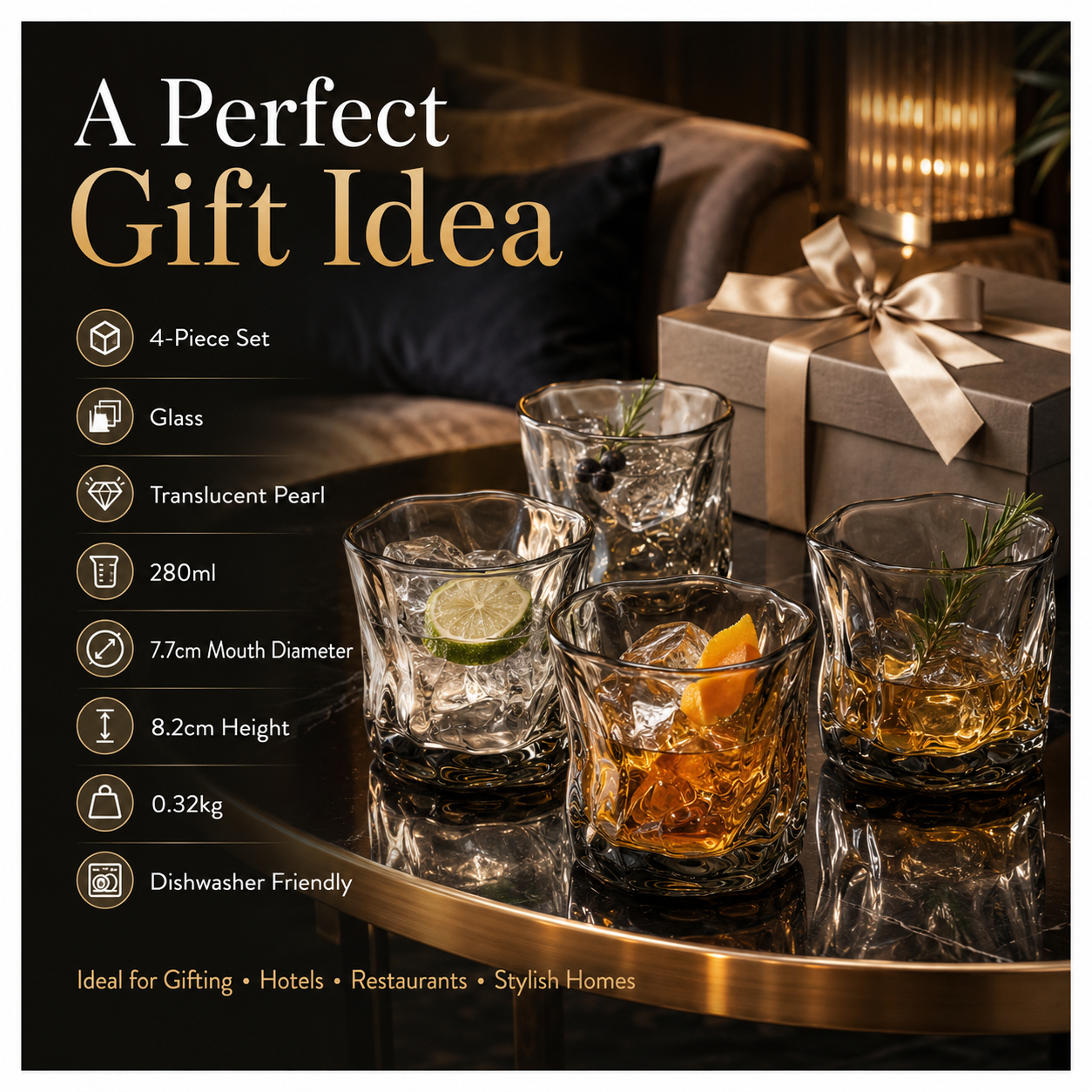 Luxury 4-Piece Translucent Black Crystal-Look Glass Set – 280ml
