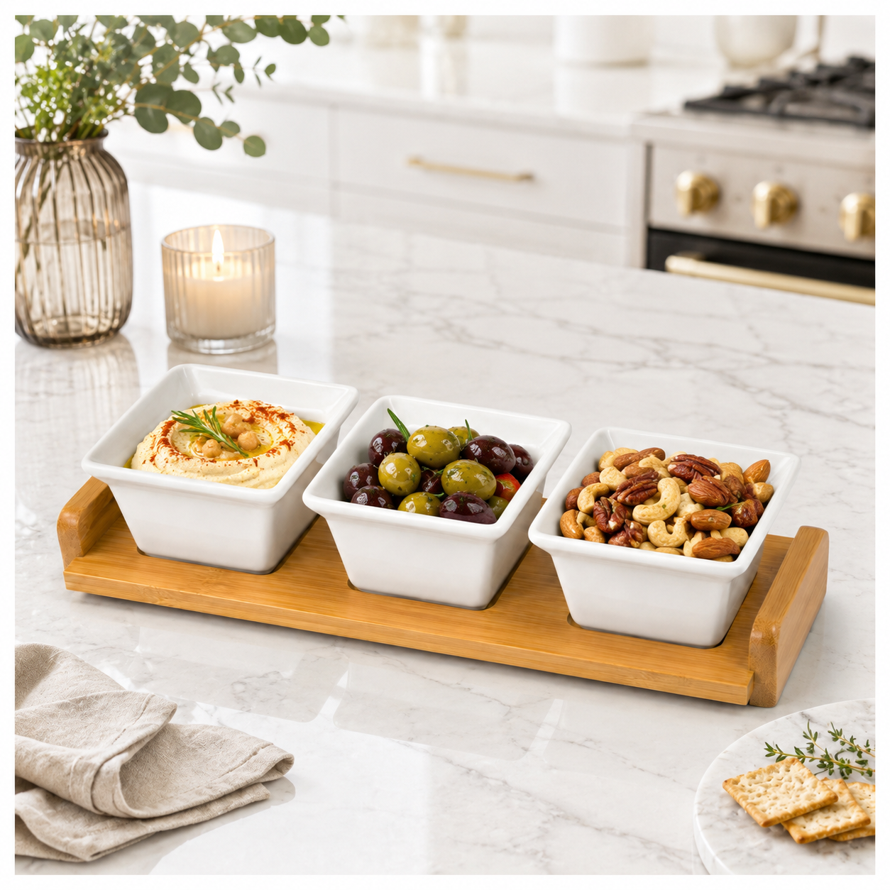 4 Piece Beauitiful Ceramic Snack Bowl Set with Wooden Serving Board- 34 cm