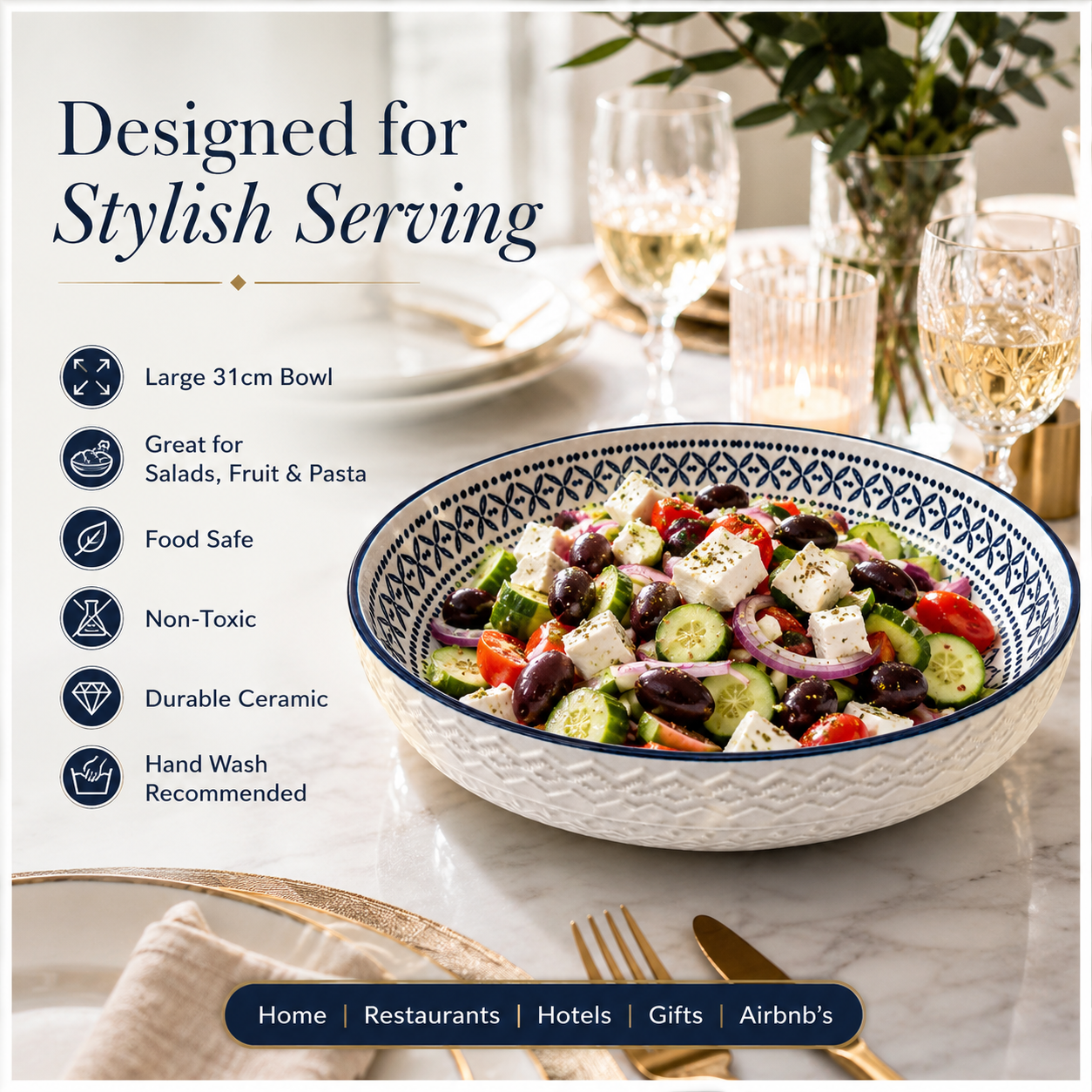 Luxury Large Ceramic Salad Serving Bowl 31cm–Navy and White -Floral Design