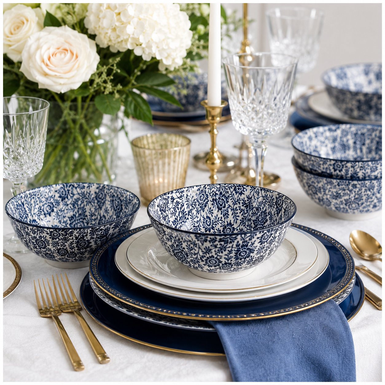 Elegant 5-Piece Blue Floral Fine Porcelain Bowl Set – Fine Dining - 16 cm
