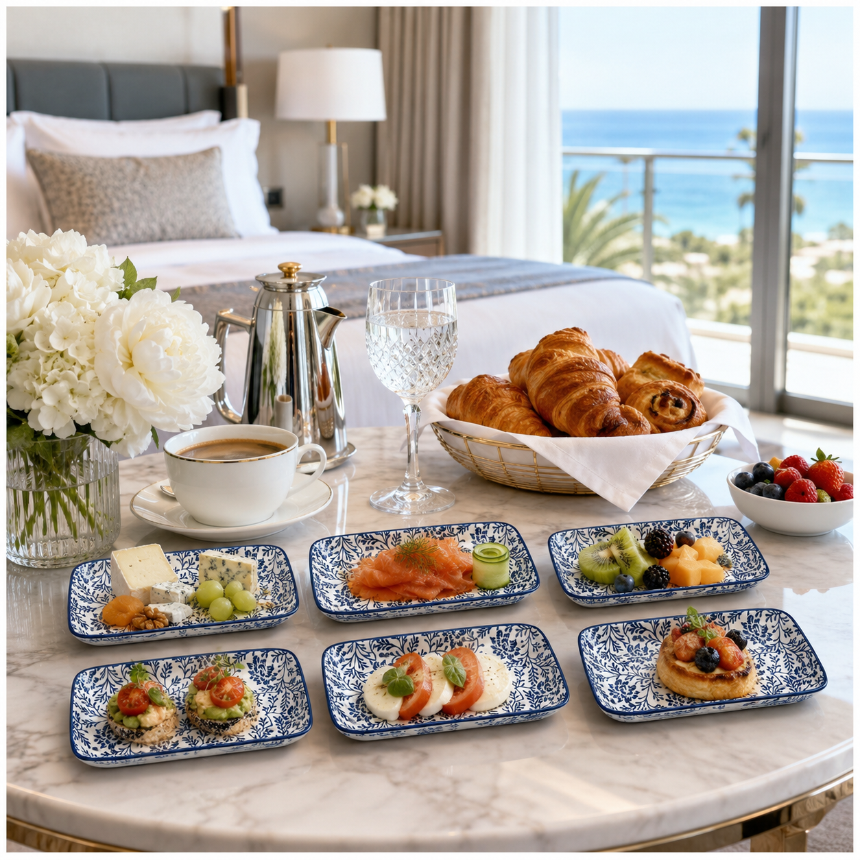 6-Piece Navy Floral Ceramic Side Plates for Luxe Hosting and Everyday Style
