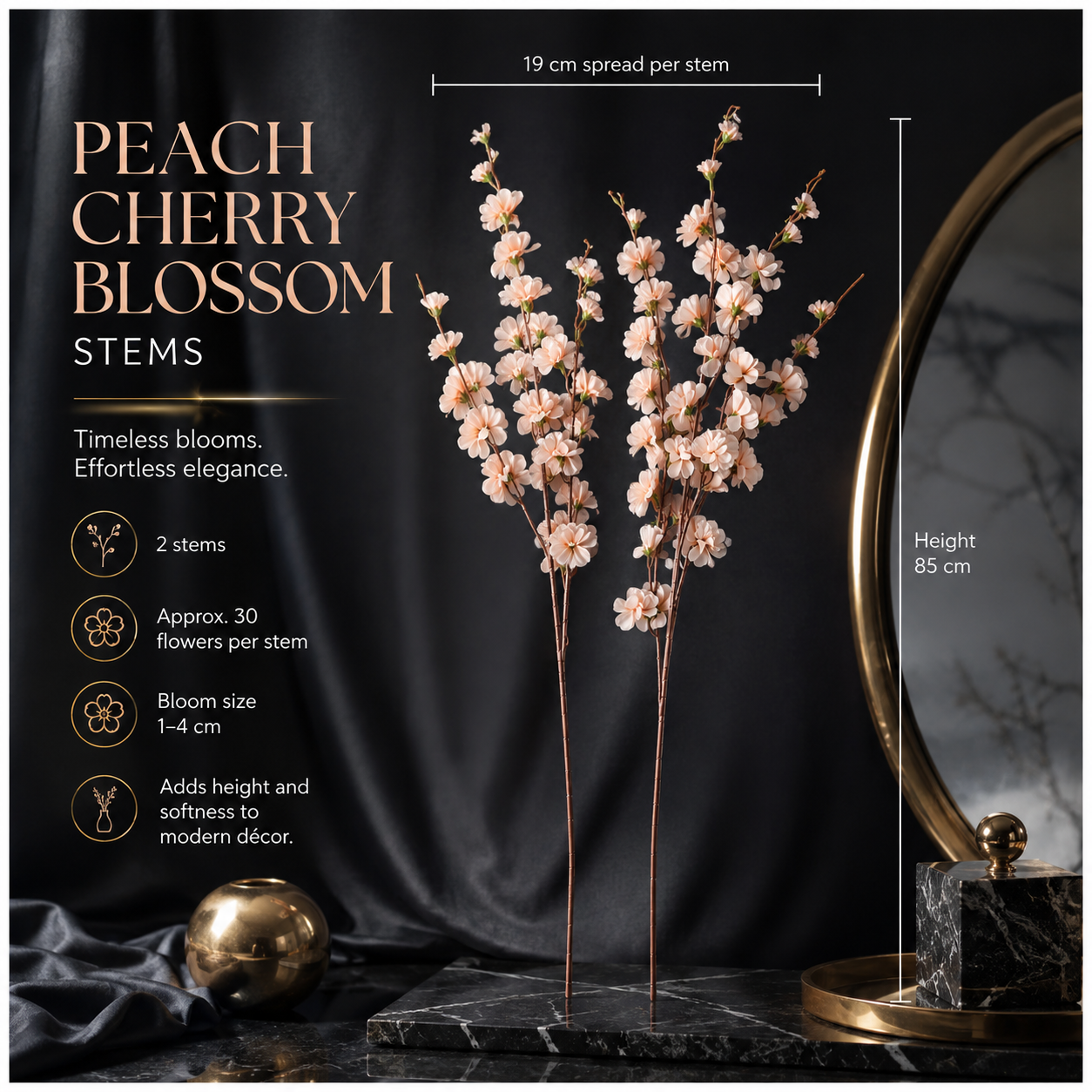 Elegant Faux 2 Cherry Blossom Stems - 85cm- White or Peach Floral Decor