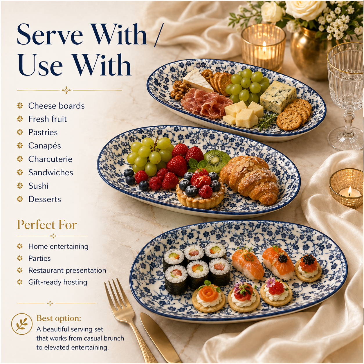 Elegant Blue and White Ceramic Serving Platter Set – Set of 3 - 30 cm