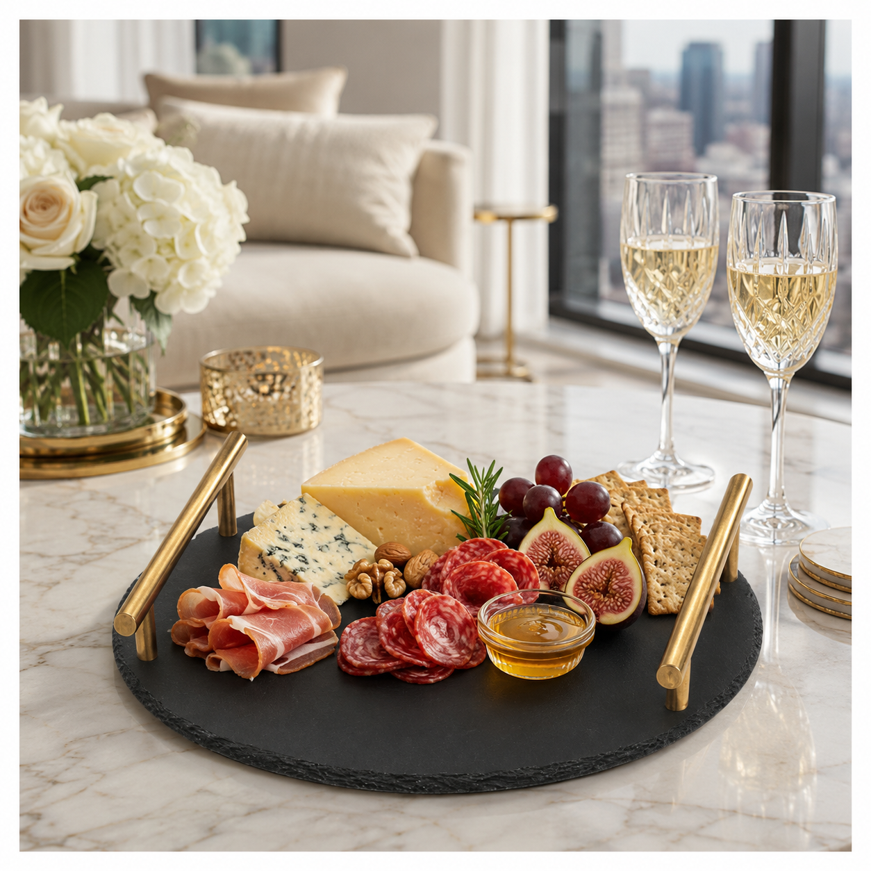 Midnight Slate Round Serving Tray With Metallic Gold Handles