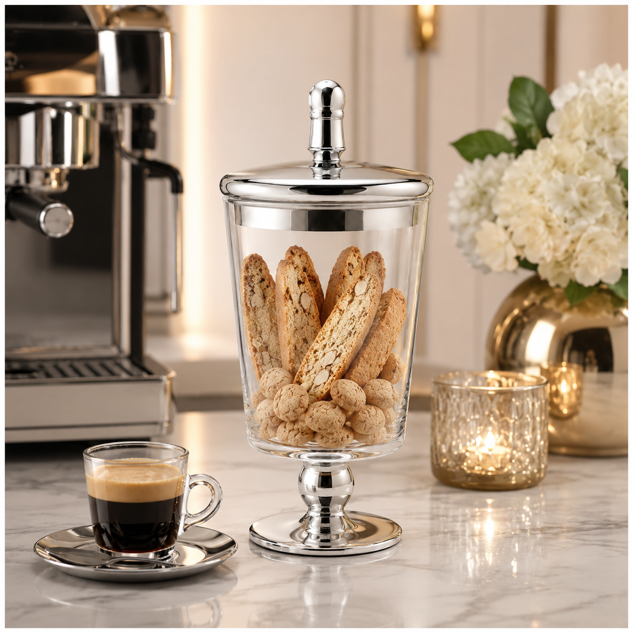Elegant Decorative Glass Jar with Mirrored Silver Lid and base – 23.5cm