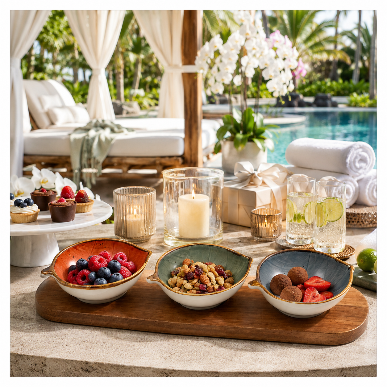 Elegant 4-Piece Leaf Bowl Serveware Bowls Set With Acacia Board - 33 cm