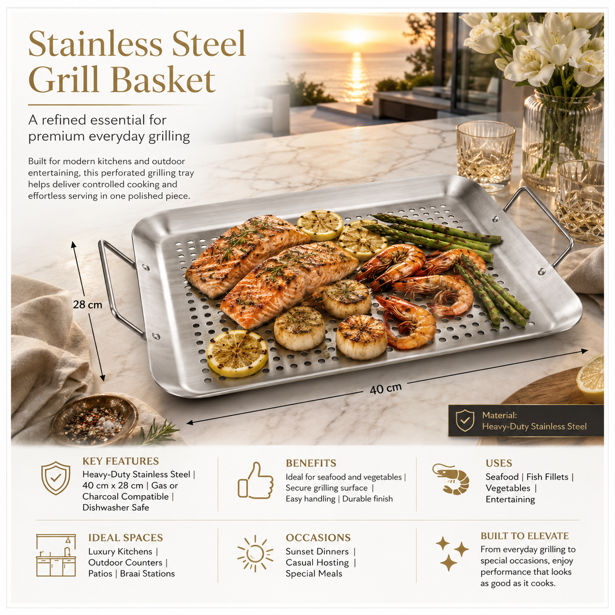 Heavy-Duty Stainless Steel Grill Basket with Handles for Braais – 40 x 28cm
