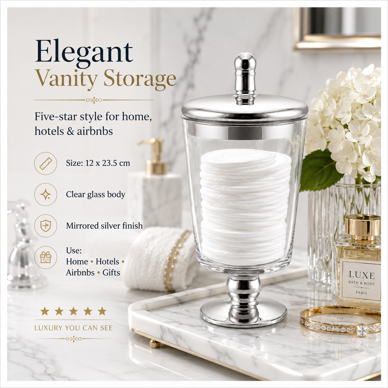 Elegant Decorative Glass Jar with Mirrored Silver Lid and base – 23.5cm