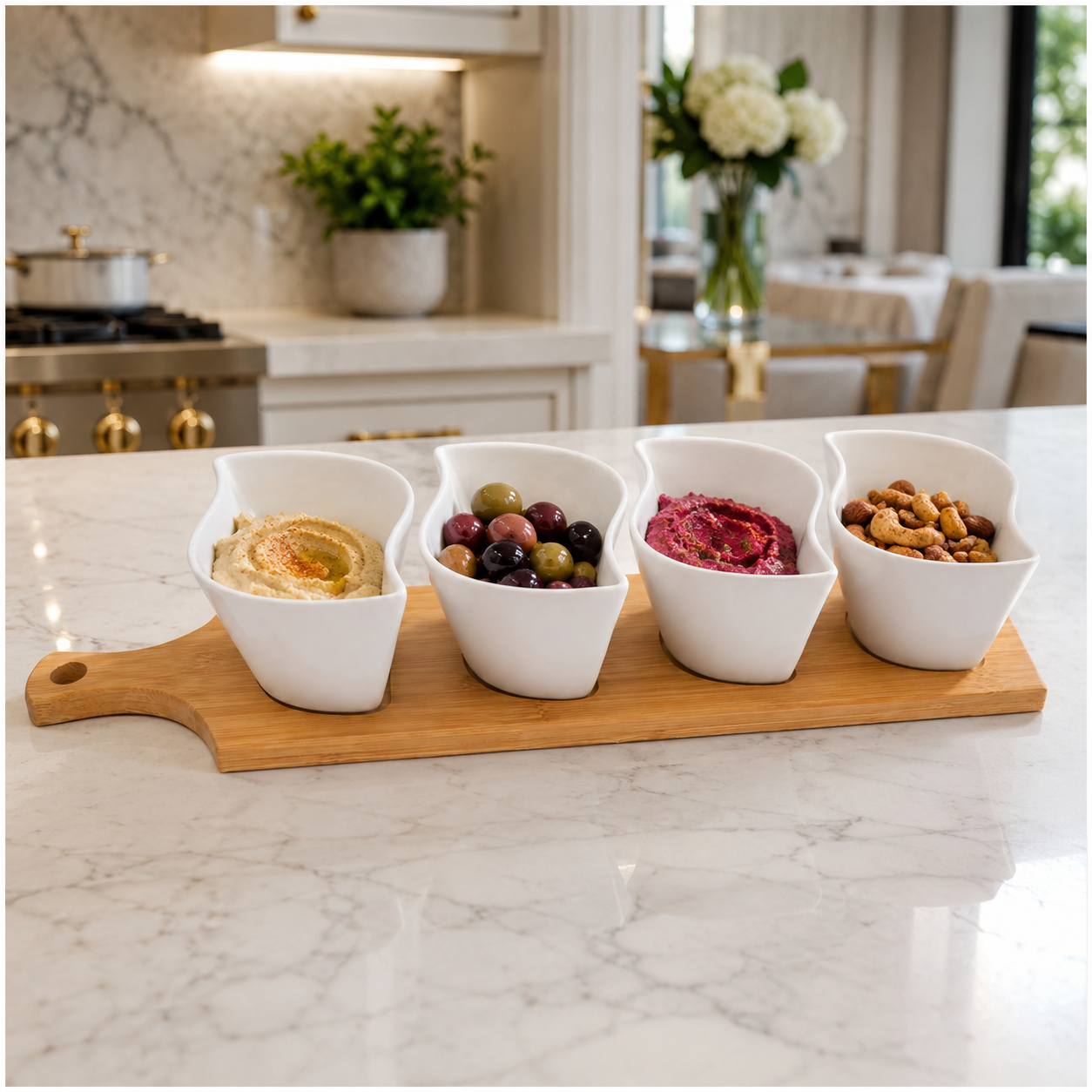 Elegant Ceramic Dipping Bowl Set with Bamboo Serving Paddle Board –