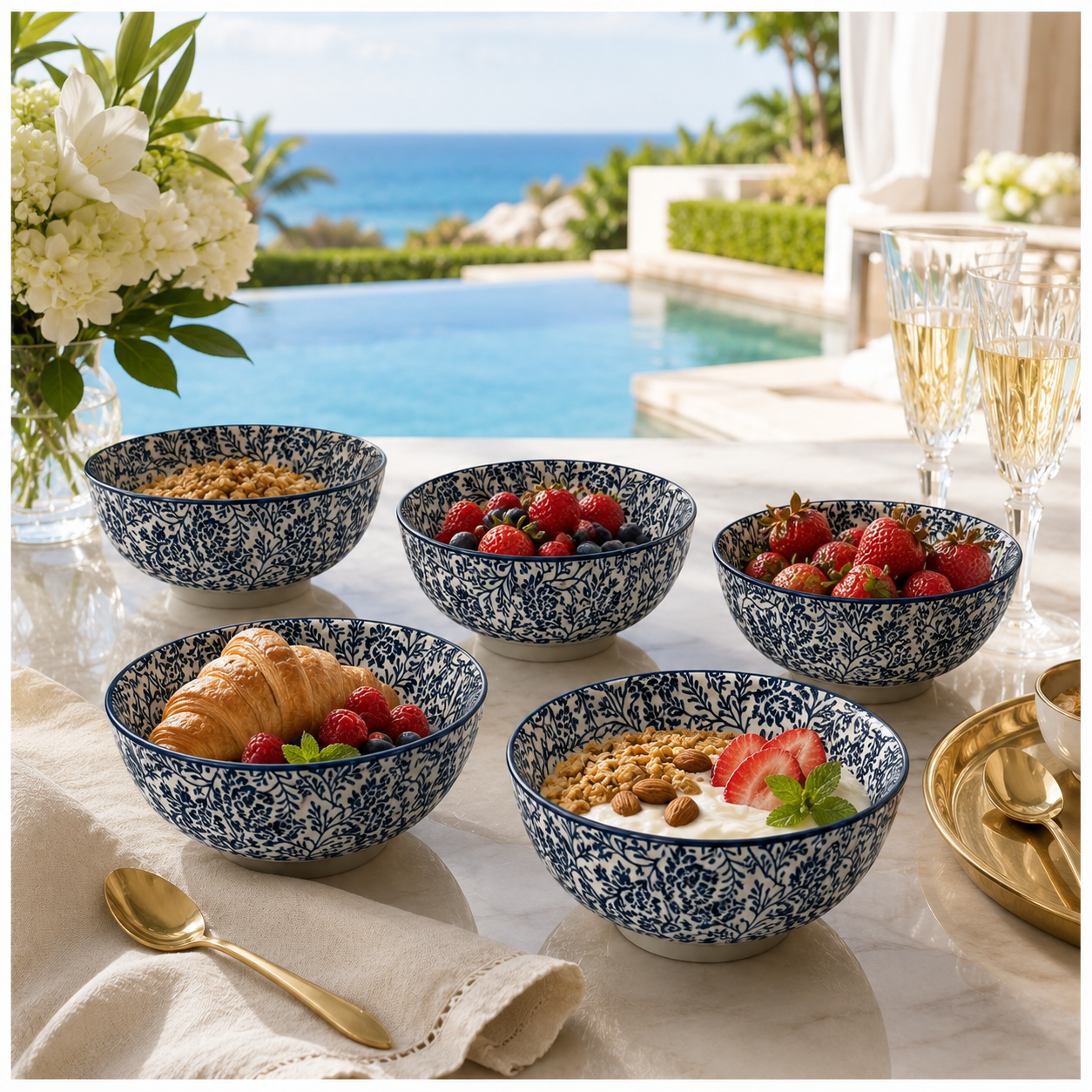 Elegant 8-Piece Blue Floral Porcelain Bowl Set – 13 cm