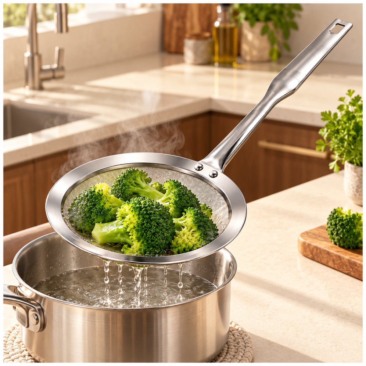Stainless Steel Fine Mesh Strain Skimmer with Long Flat Handle – Silver