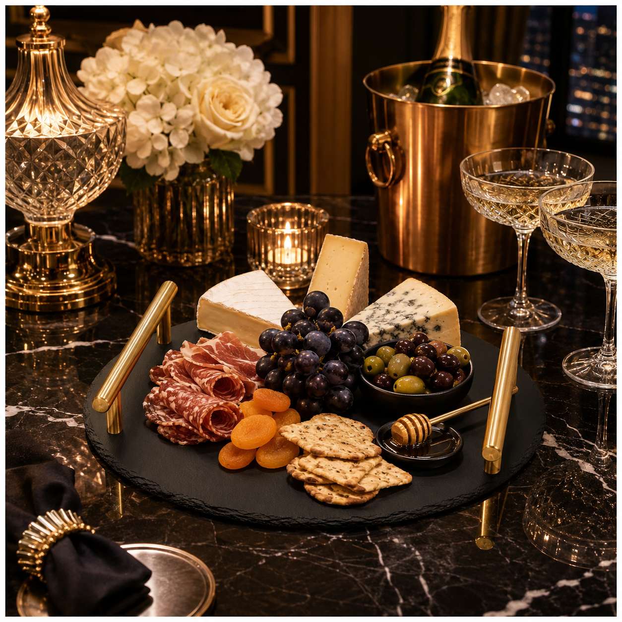 Midnight Slate Round Serving Tray With Metallic Gold Handles