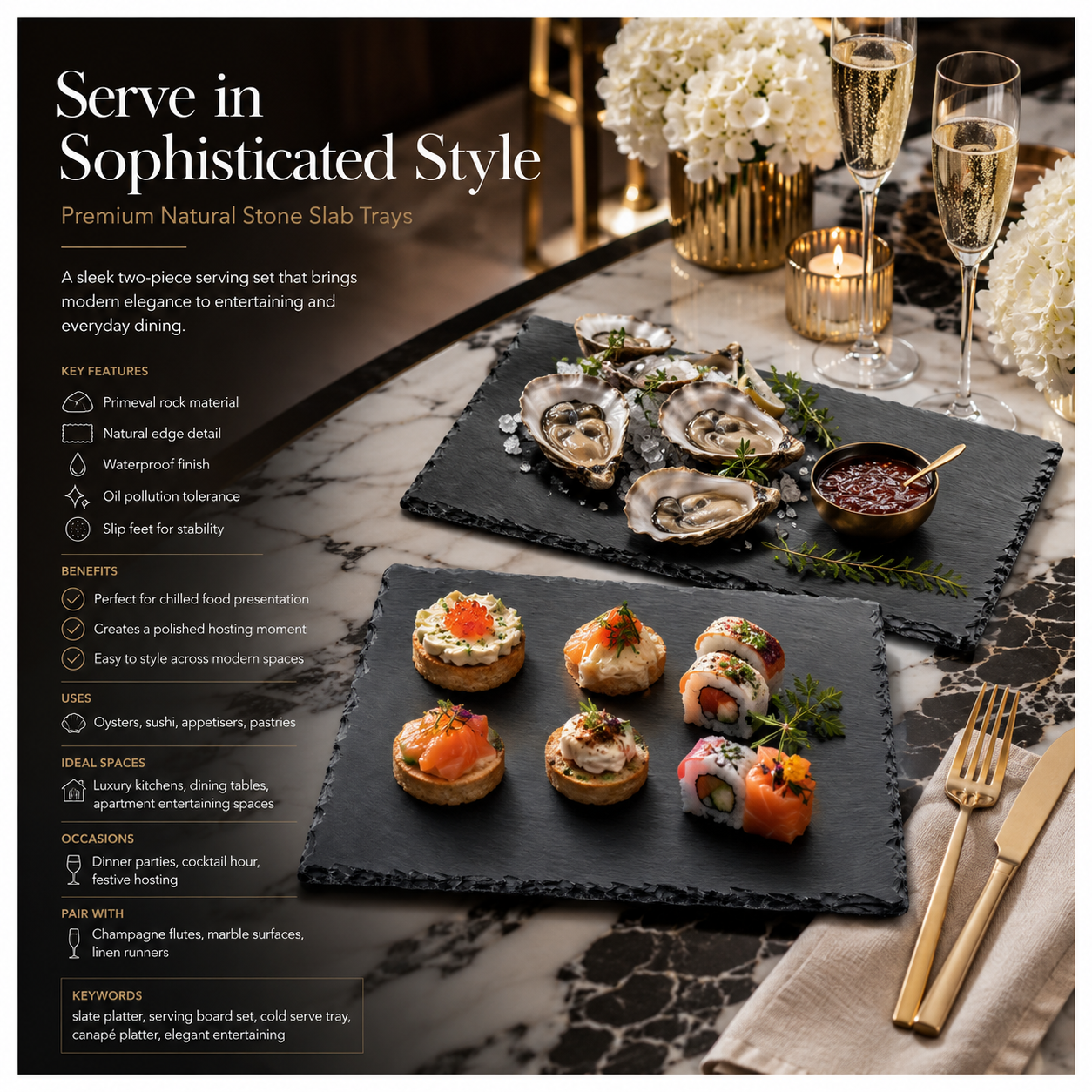 Elegant Two-Piece Natural Stone- Slate Serving Tray Set – 40 x 30cm