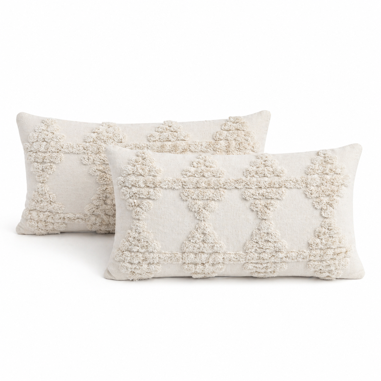 Elegant Textured Lumbar Cushion Covers-Set of 2- Off White Cream 48 x 29 cm