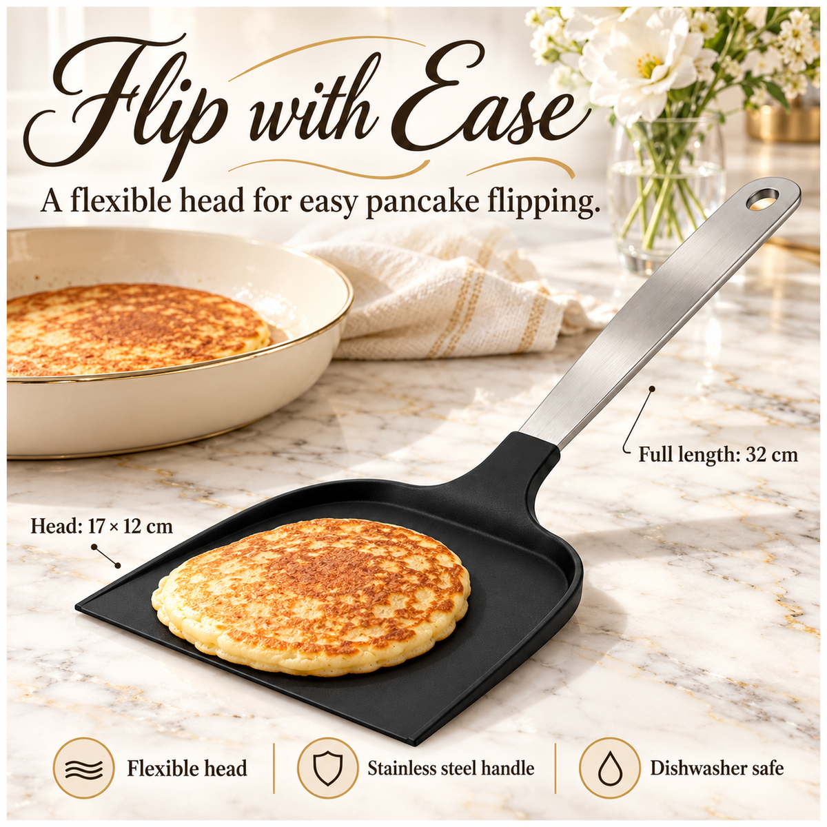 Wide Pancake Turner Spatula–Flexible Head and Stainless Steel Handle, 32 cm