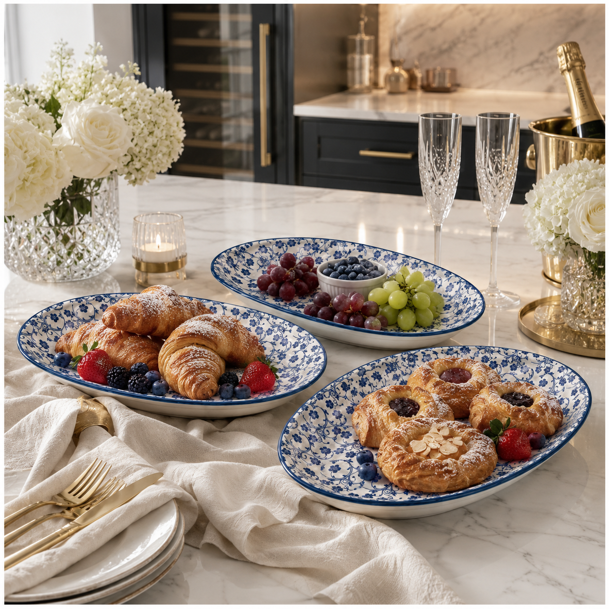 Elegant Blue and White Ceramic Serving Platter Set – Set of 3 - 30 cm