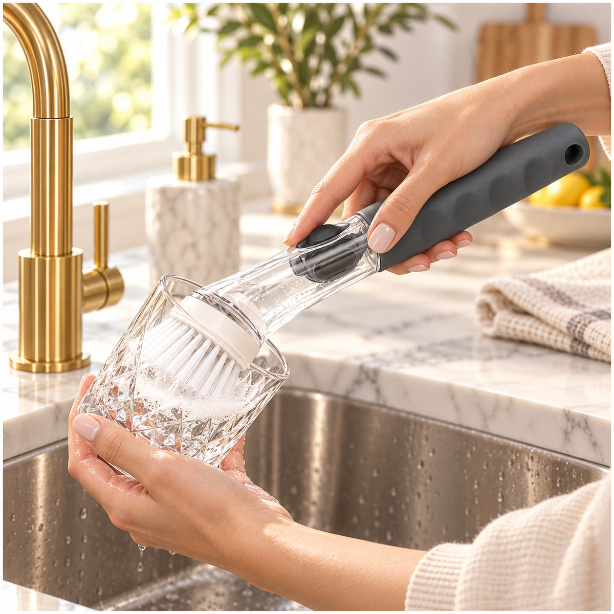 Essential Soap-Dispensing Dish Brush with Soft-Grip Handle – Grey