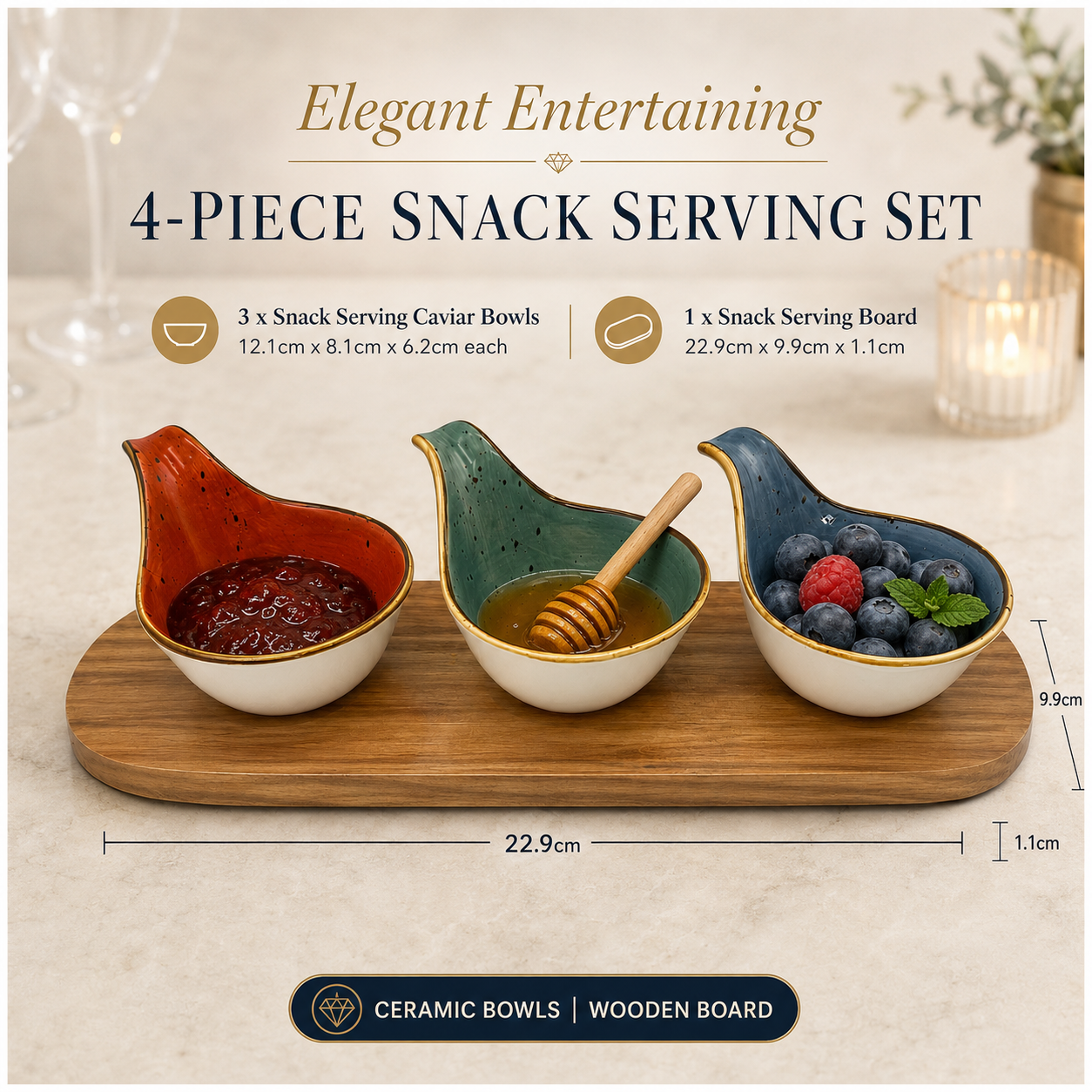 Beautiful 4-Piece Ceramic Snack Serving Bowl Set with Acacia Wood Board