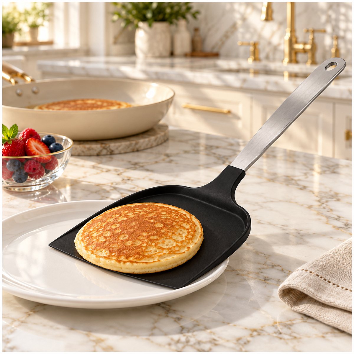 Wide Pancake Turner Spatula–Flexible Head and Stainless Steel Handle, 32 cm
