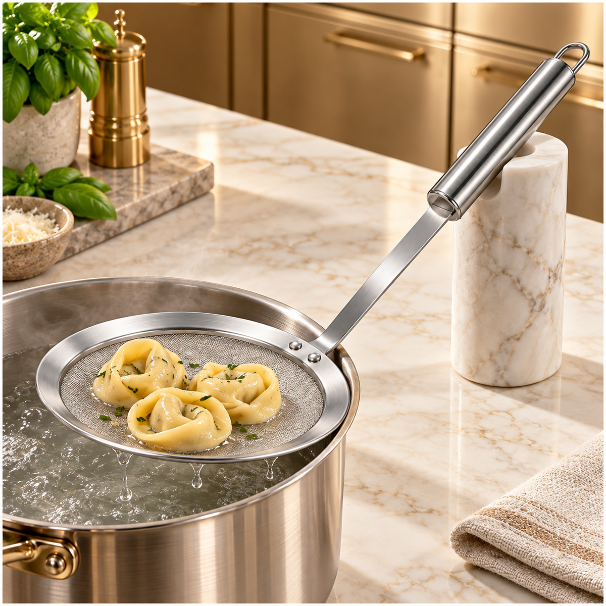 Stainless Steel Fine Mesh Strainer and Skimmer - Long Round Handle Silver
