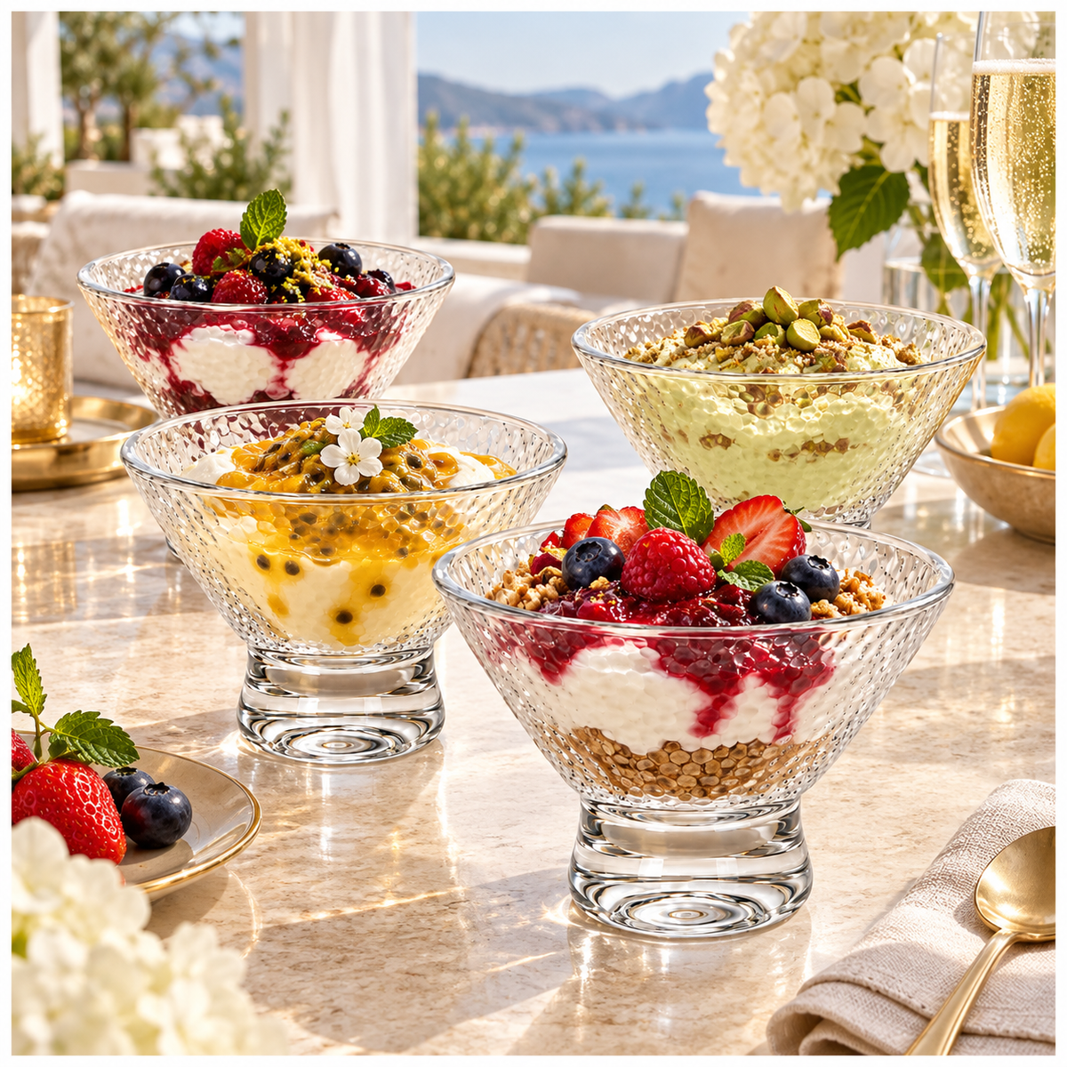 Elegant Glass Footed Dessert Bowls 180ml – Clear Textured Set of 4